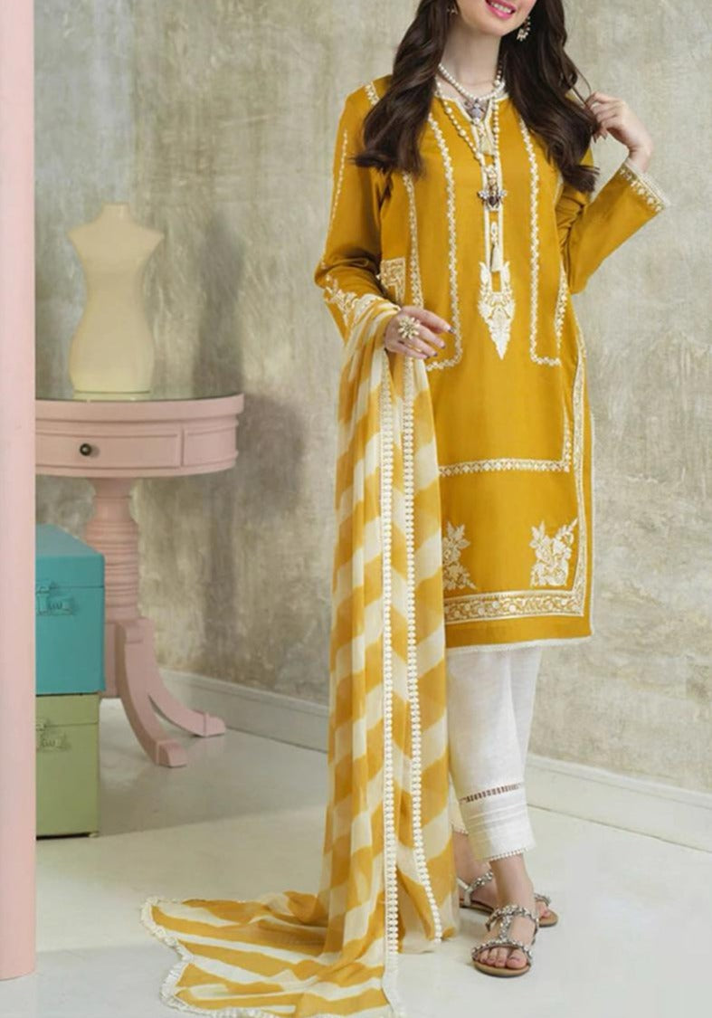 SMT S614-Embroidered 3pc Lawn dress with Printed cotton net dupatta.