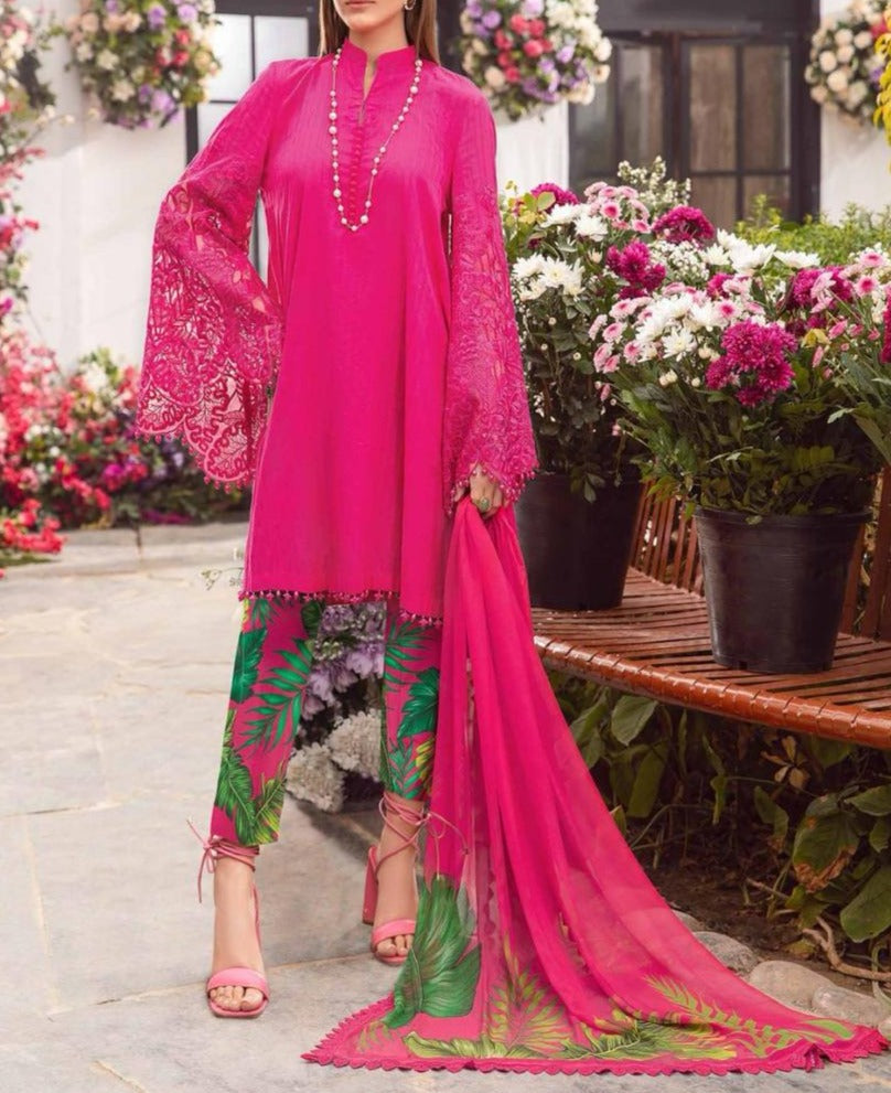 SMT S636-Embroidered 3pc Lawn dress with Printed munar dupatta.