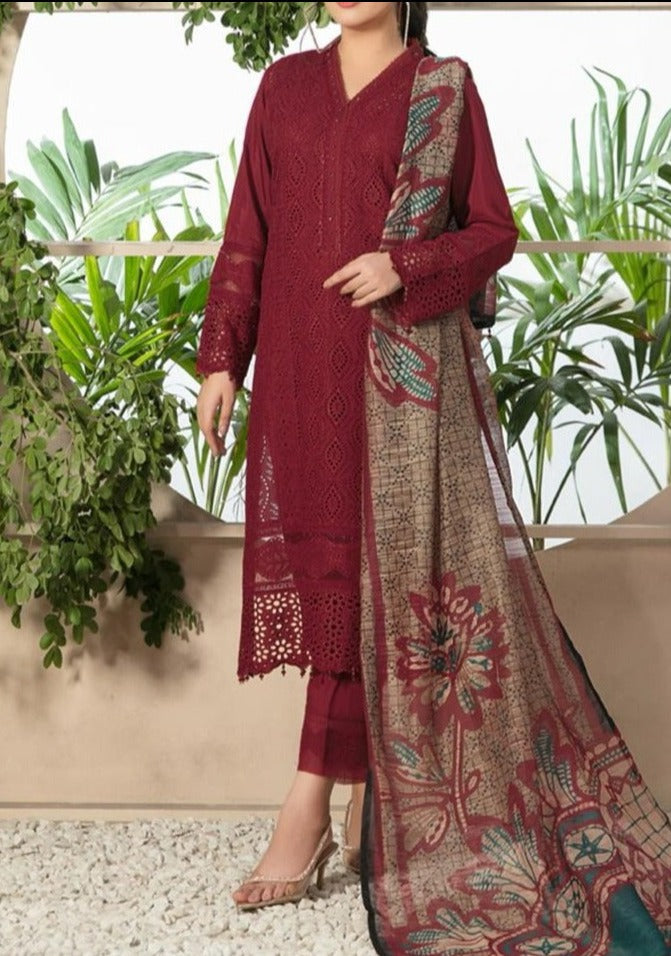 SMT S652-Embroidered 3PC Chickan Lawn with Printed munar dupatta.