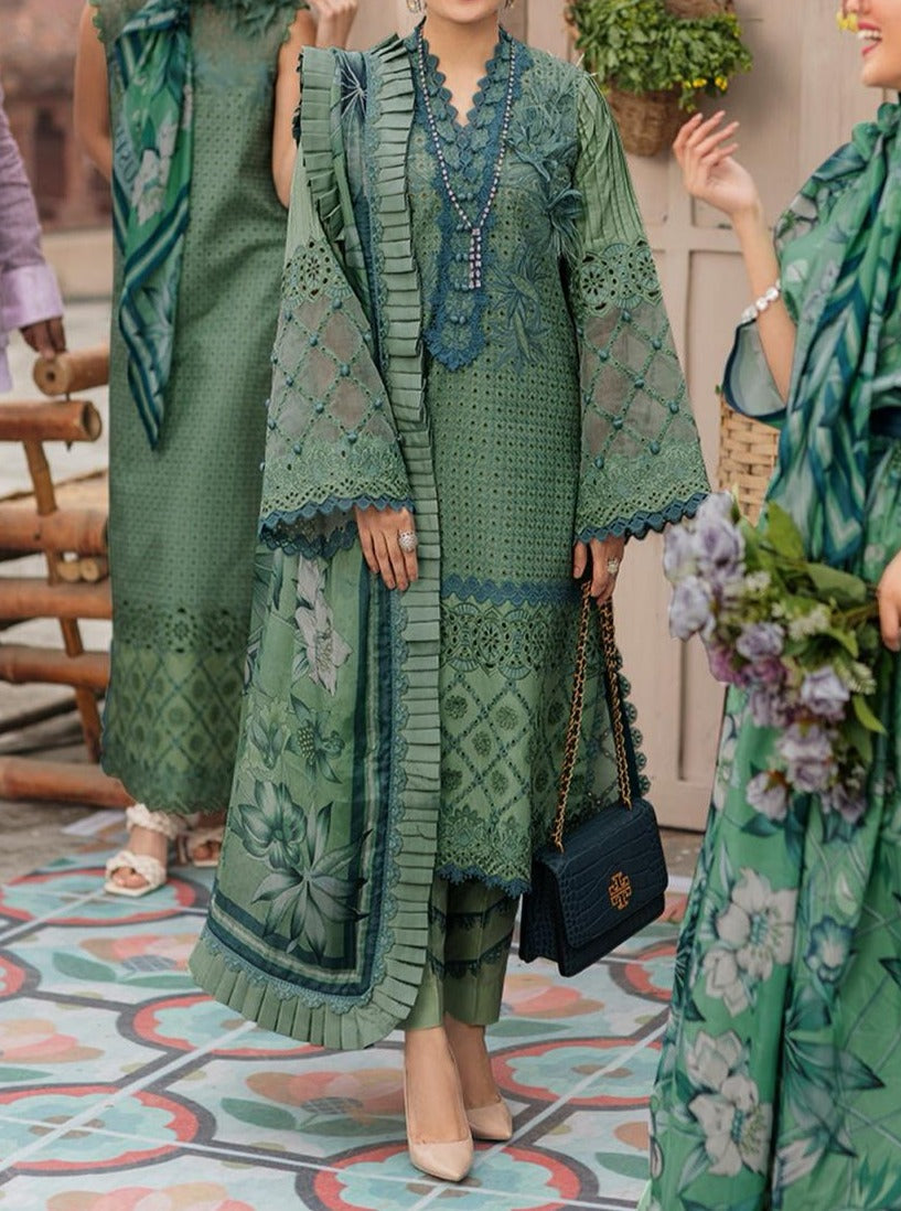SMT S661-Embroidered 3PC Chickan Lawn with Printed munar dupatta.
