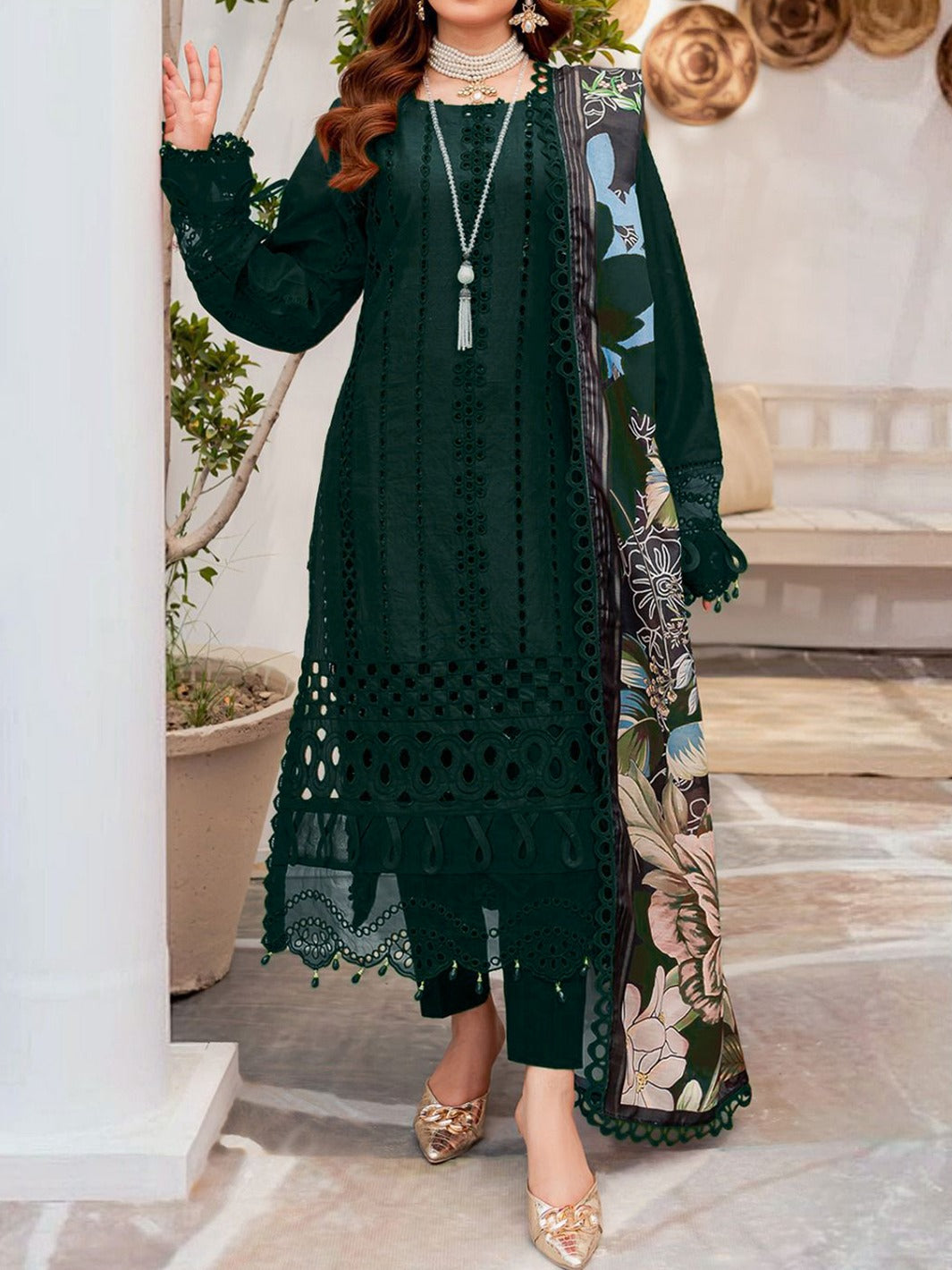 SMT S698-Embroidered 3pc Chickan  lawn dress with Printed munar dupatta.