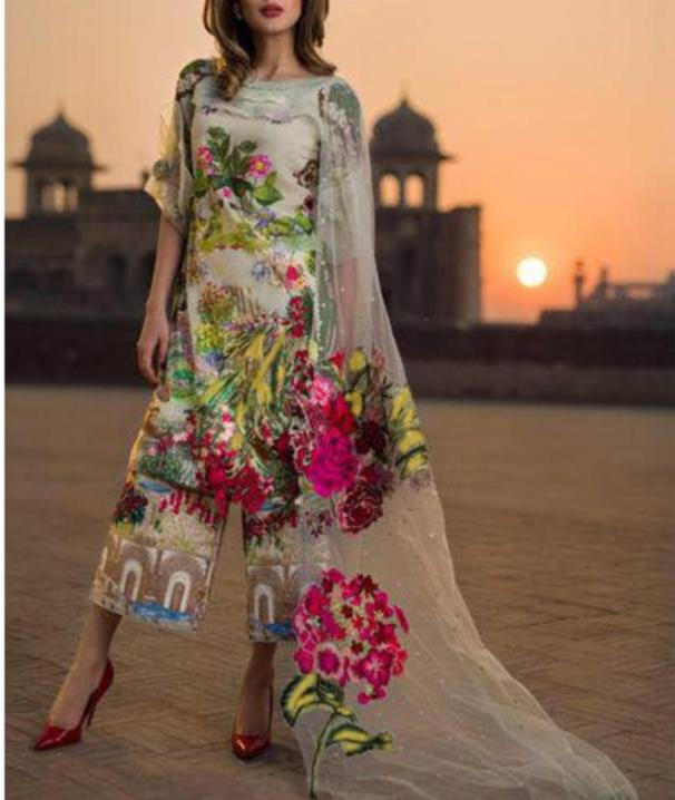 SMT S773-Embroidered 3pc Lawn dress with Embroidered Munar duppata.