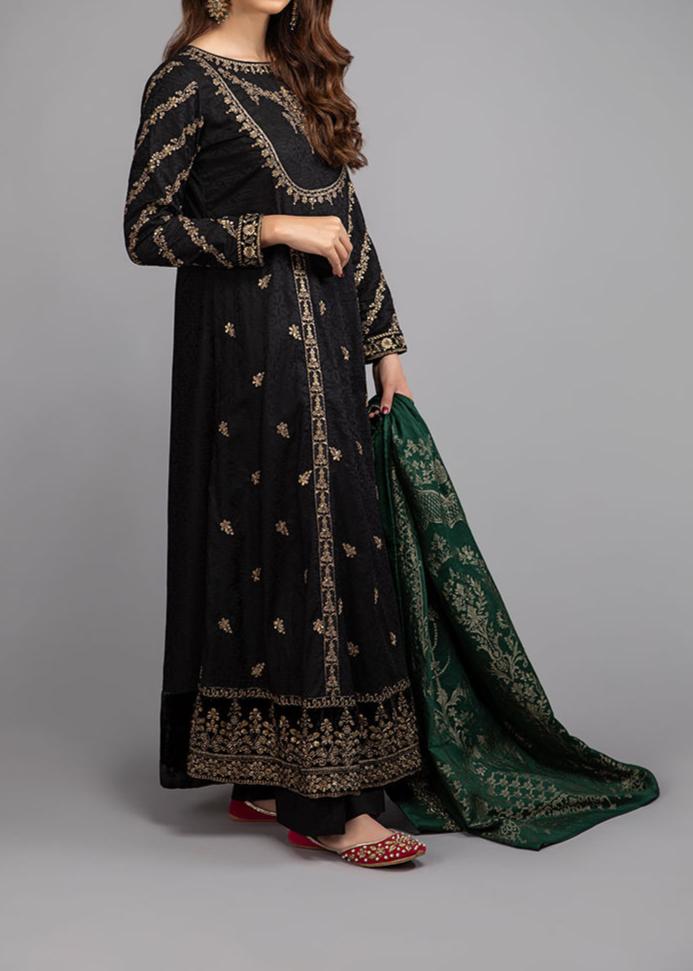 SMT W512- Embroidered 3pc linen dress with Printed Wool Shawl.