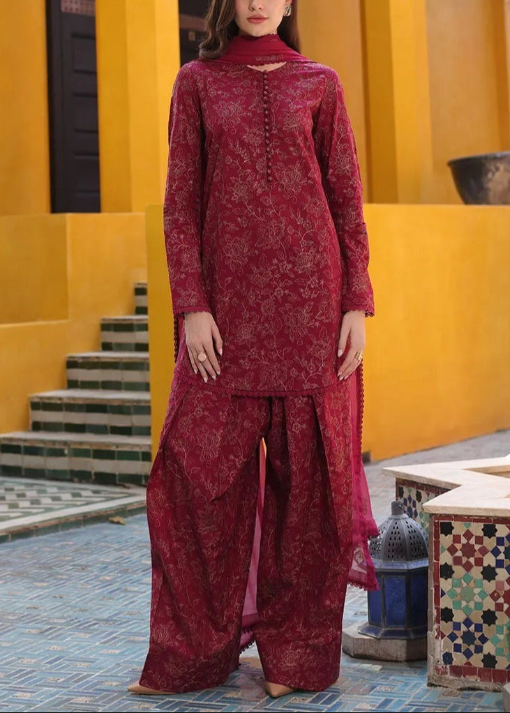 SMT S987-Embroidered 3PC Lawn Dress With Embroidered Chiffon Dupatta.