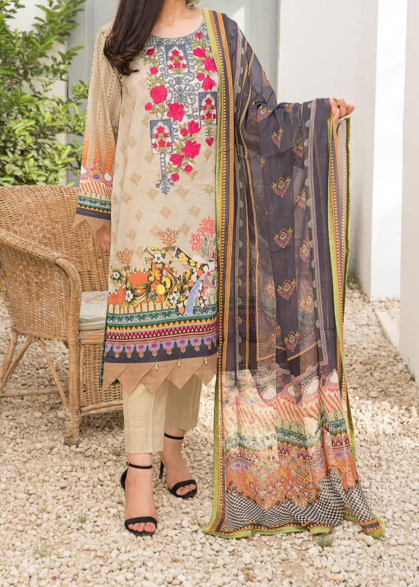SMT S1087-Embroidered 3pc Lawn dress with Printed Chiffon Dupatta.