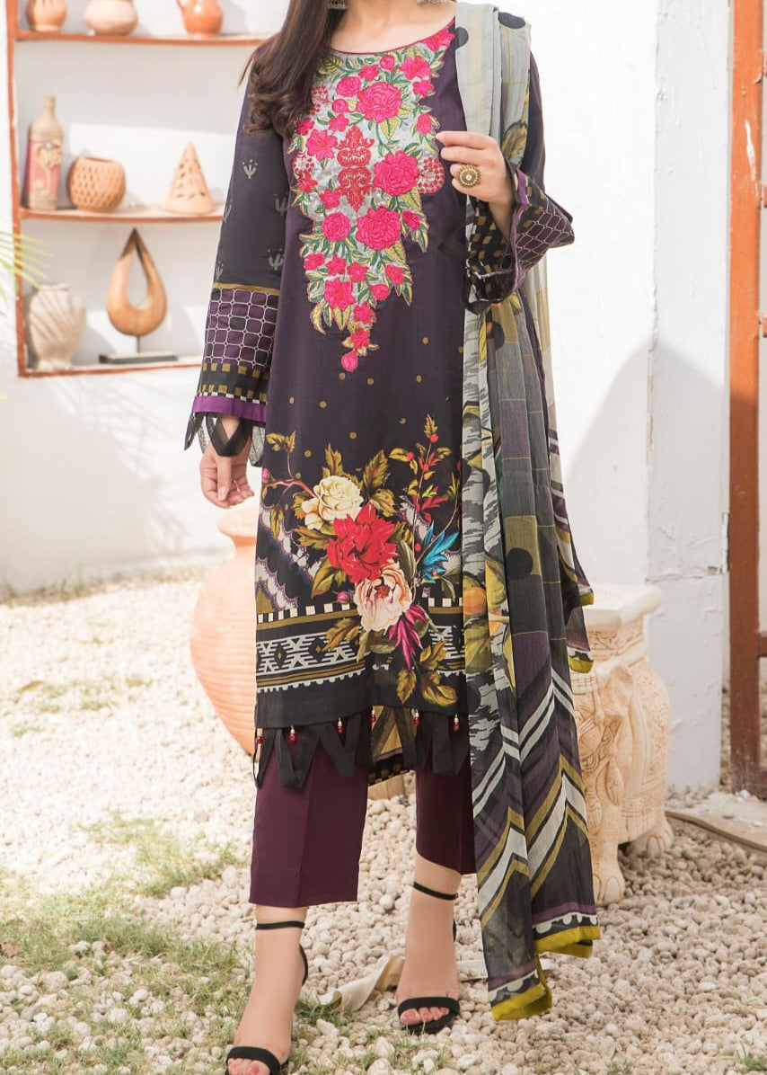 SMT S1088-Embroidered 3pc Lawn dress with Printed Chiffon Dupatta.
