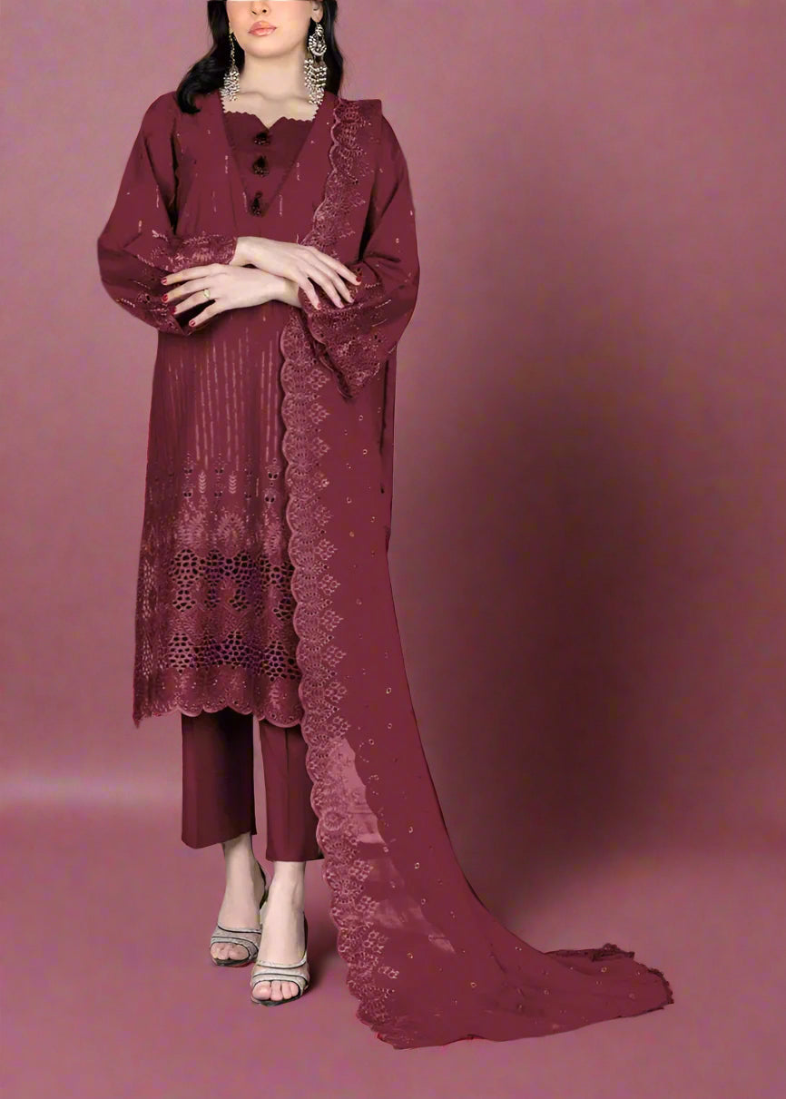 SMT S1072-Embroidered 3PC CHIKANKARI Lawn Dress With Embroidered Chiffon Dupatta.