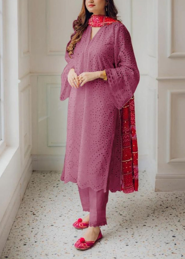 SMT S1075 Embroidered 3PC CHIKANKARI Lawn Dress With Printed Munar Dupatta.