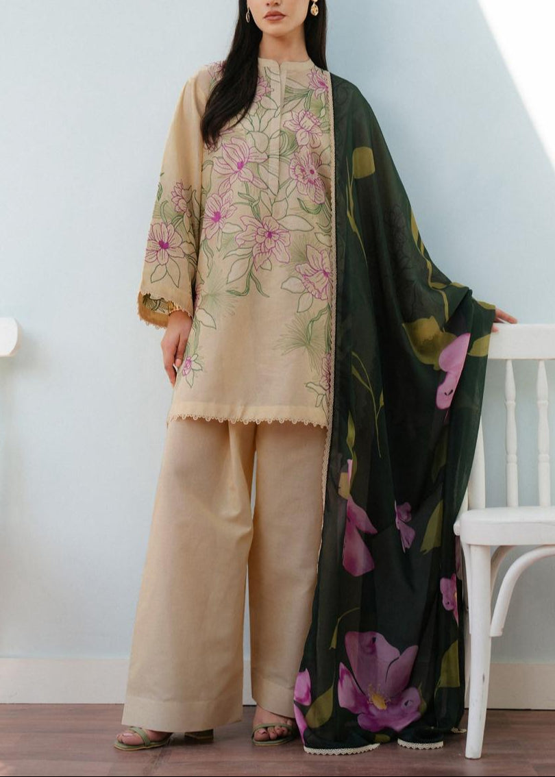SMT S1128-Embroidered 3pc Lawn Dress With Printed Munar Dupatta.