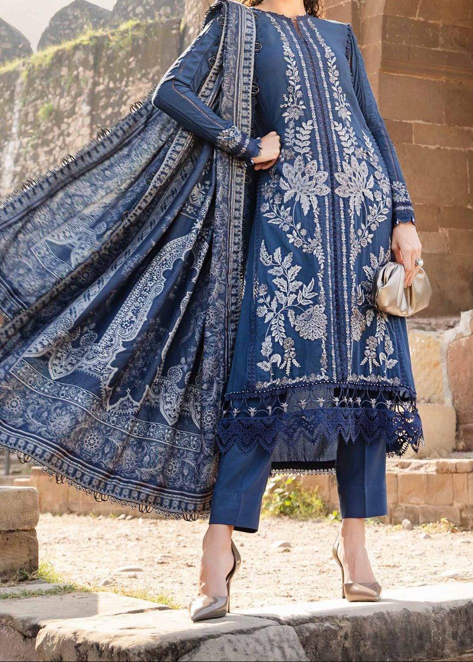 SMT W768 - Embroidered 3pc Marina Dress With Printed Shawl.