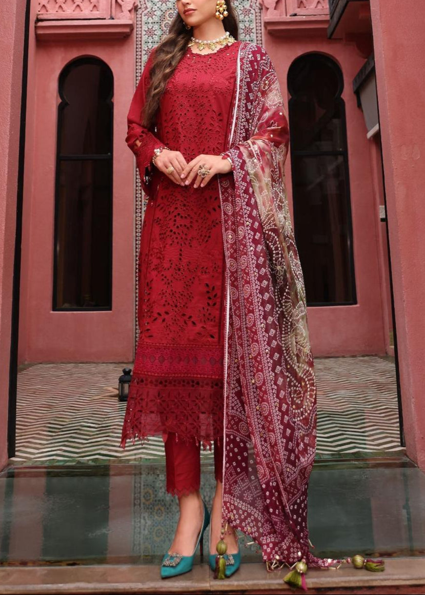 SMT S1198-Embroidered 3pc CHICKANKARI Lawn Dress With Printed Munar Dupatta.