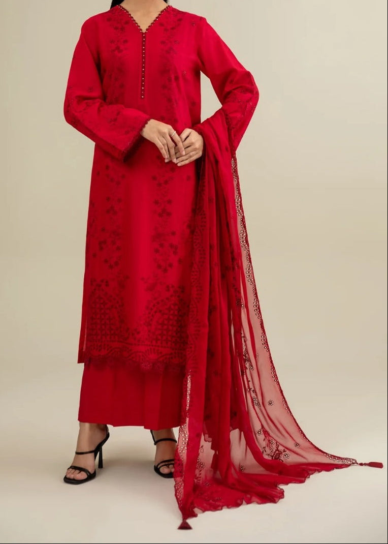 SMT W852-Embroidered 3pc Chikankari Marina Dress With Embroidered  Chikankari Chiffon Dupatta.