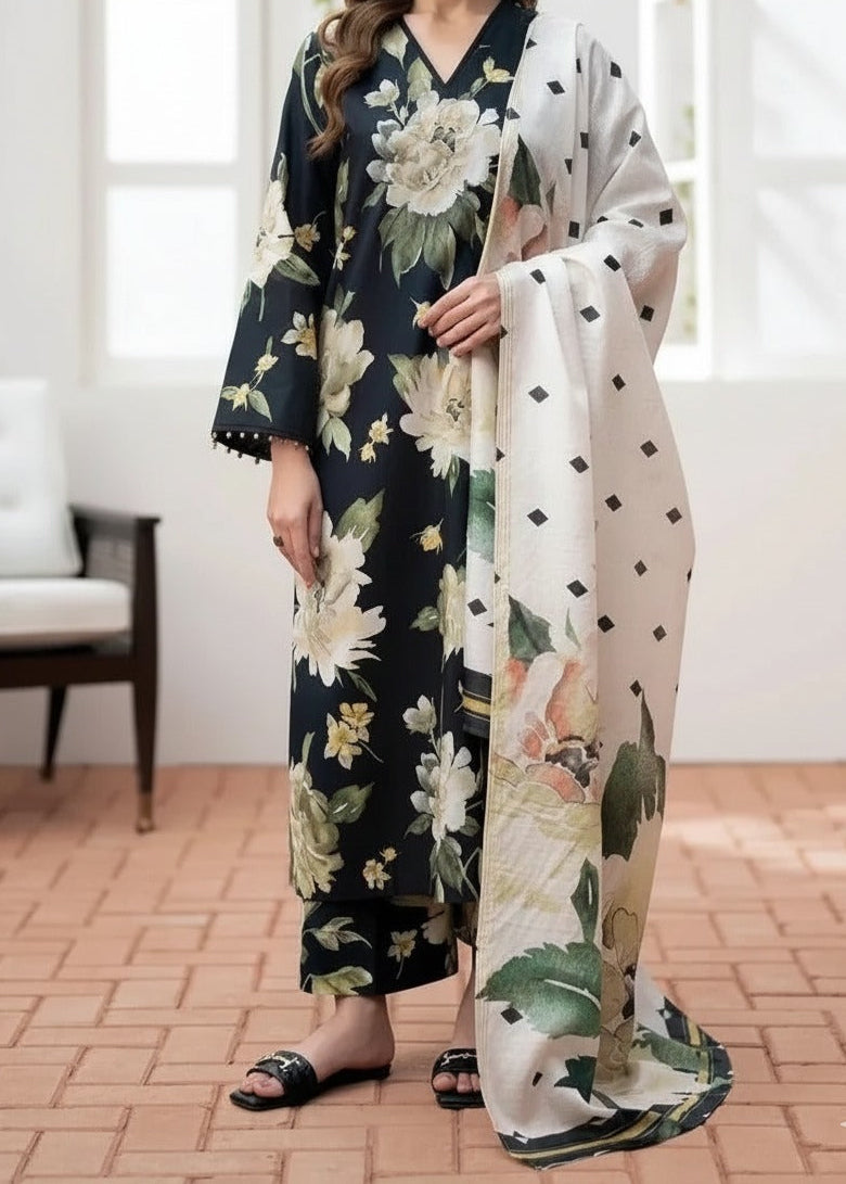SMT W868 - Digital Printed 3pc Karandi Dress With Digital Printed Karandi Shawl.