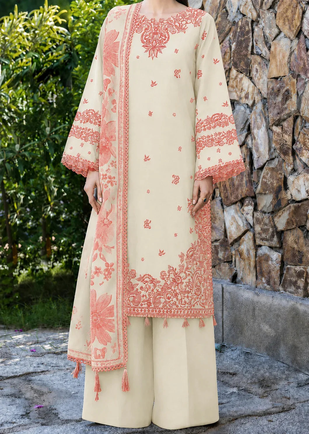 SMT Z-(S1495) - Stitched Embroidered 3pc Lawn Dress With Printed Lawn Dupatta.