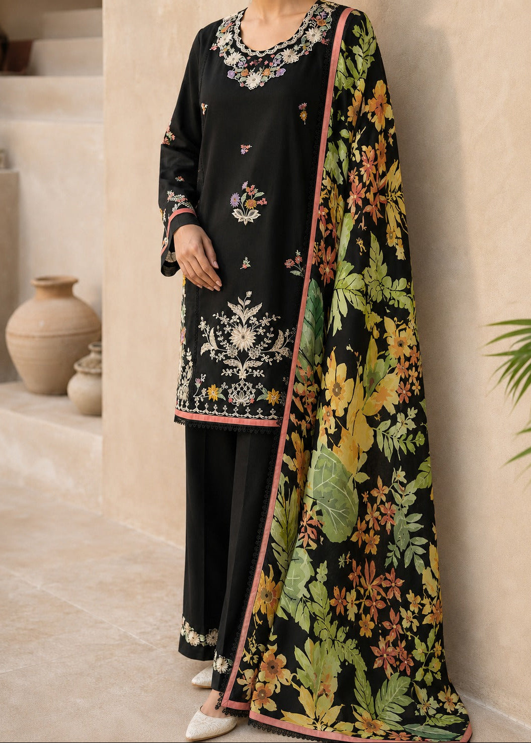 SMT S1535-Embroidered 3pc Lawn Dress With Printed Chiffon Dupatta.