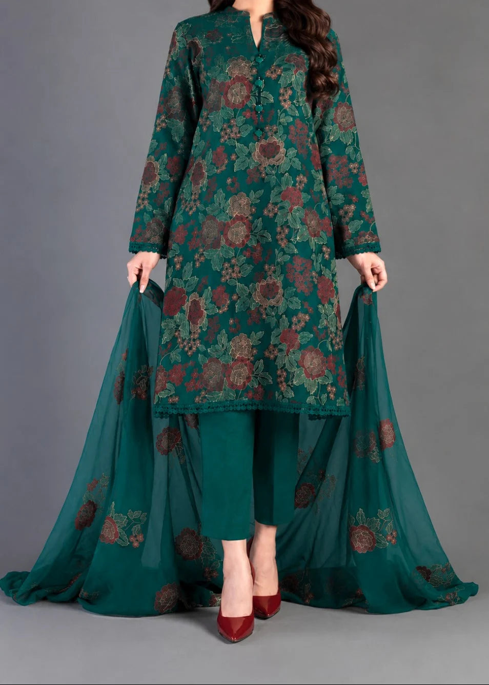 SMT W1054 - Embroidered 3pc Marina Dress With Embroidered Chiffon Dupatta.