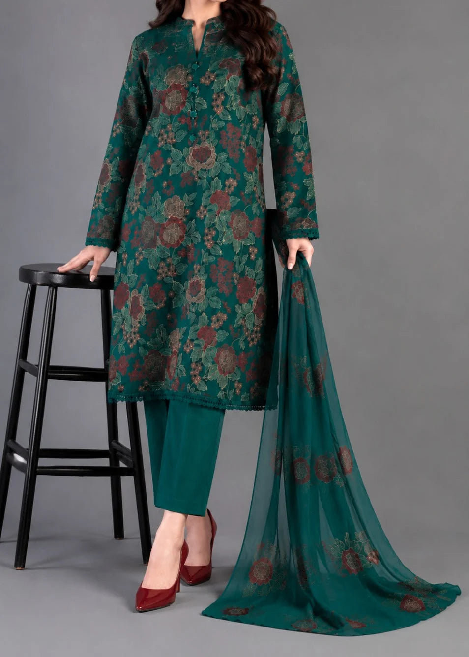 SMT W1054 - Embroidered 3pc Marina Dress With Embroidered Chiffon Dupatta.