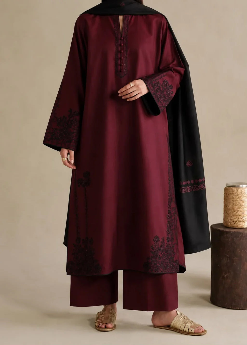 SMT W1052 - Embroidered 3pc Marina Dress With Printed Shawl.