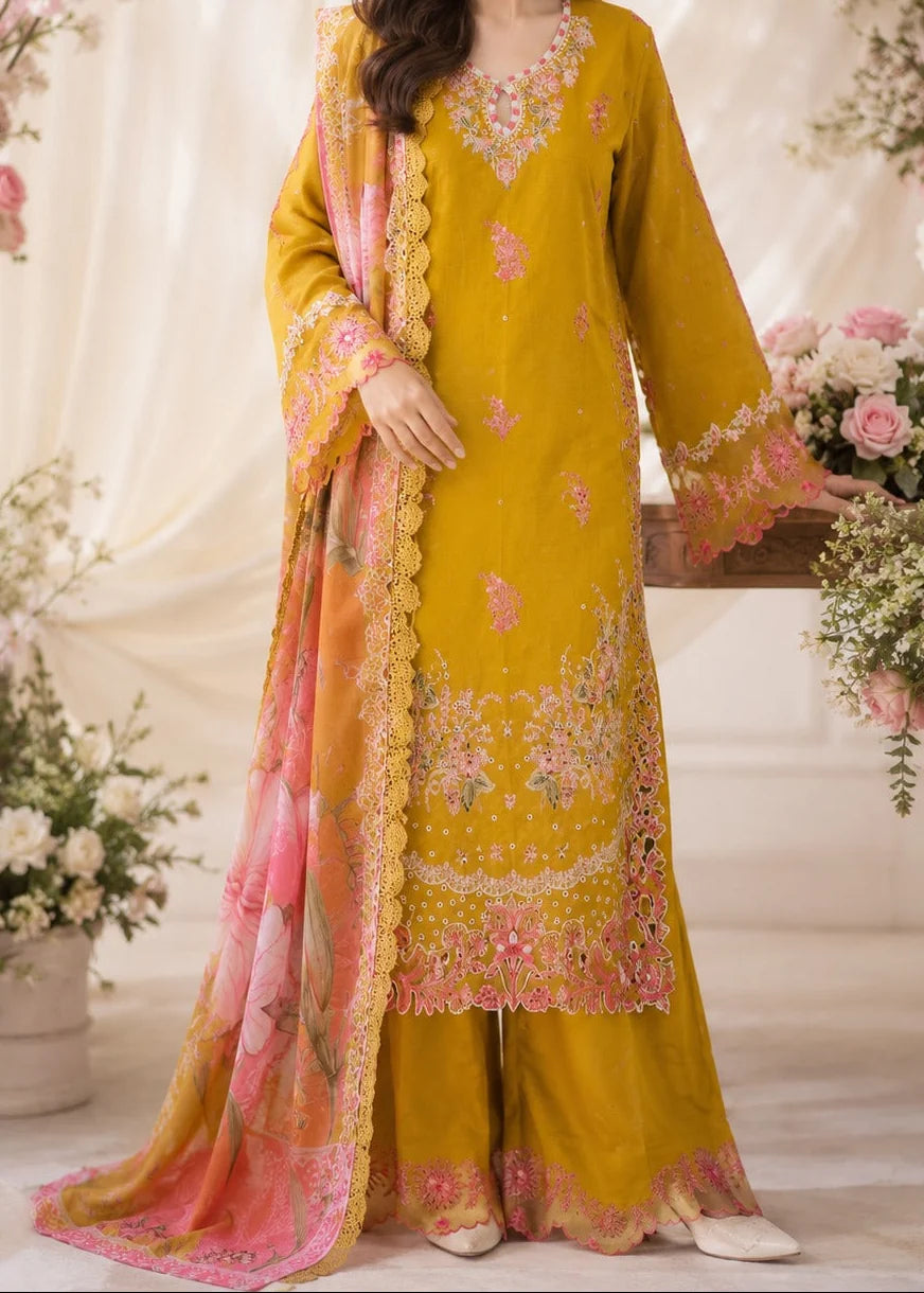 SMT W1079 - Embroidered 3pc Marina Dress With Printed Chiffon Dupatta.