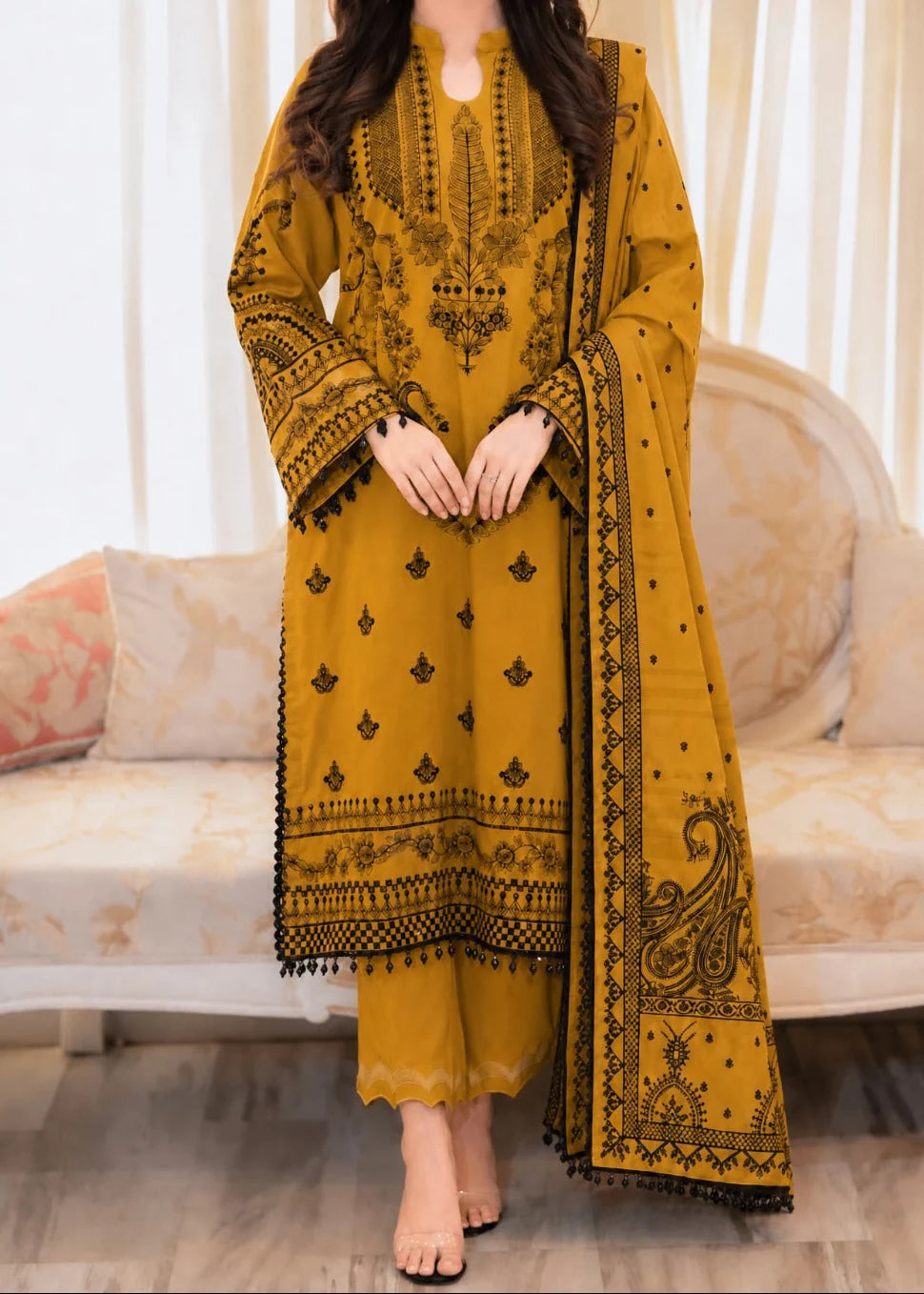 SMT W1082 - Embroidered 3pc Marina Dress With Printed Shawl.