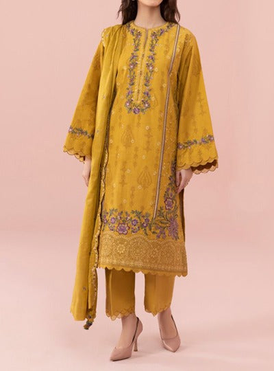 SMT S756-Embroidered 3pc lawn dress with Embroidered Munar dupatta.