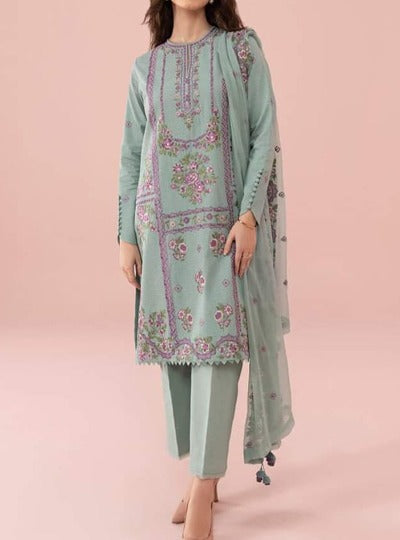 SMT S757-Embroidered 3pc lawn dress with Embroidered Munar dupatta.
