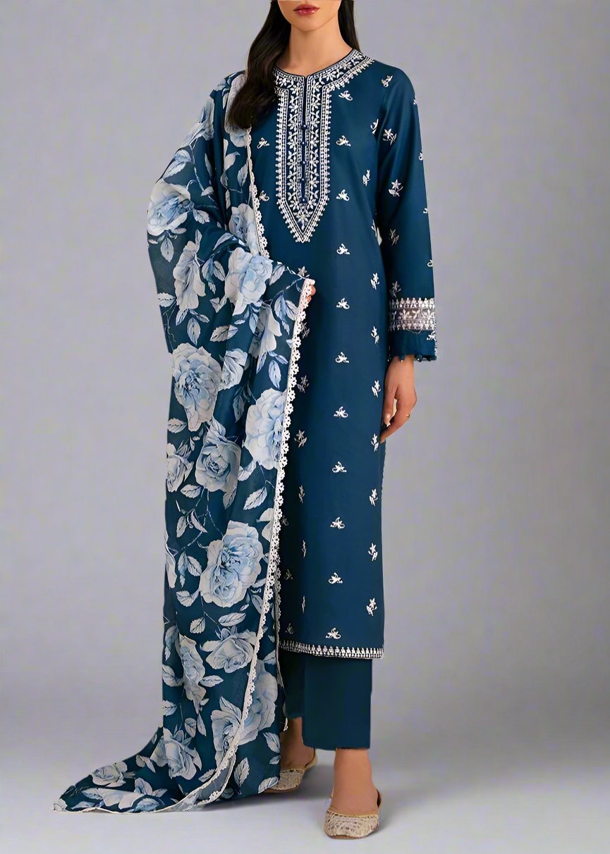 SMT W560-Embroidered 3pc marina dress with Printed shawl.