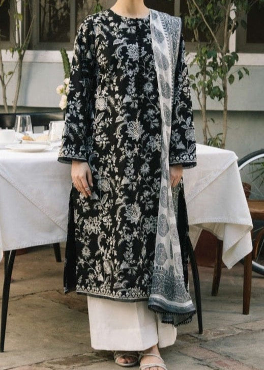SMT W644-Embroidered 3pc Linen Dress with Embroidered Organza Dupatta.