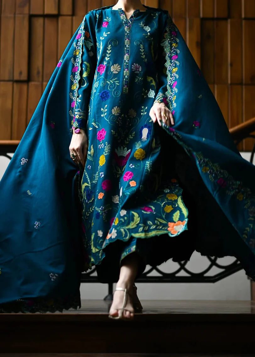 SMT W974-Embroidered 3pc Marina Dress With Printed Shawl.