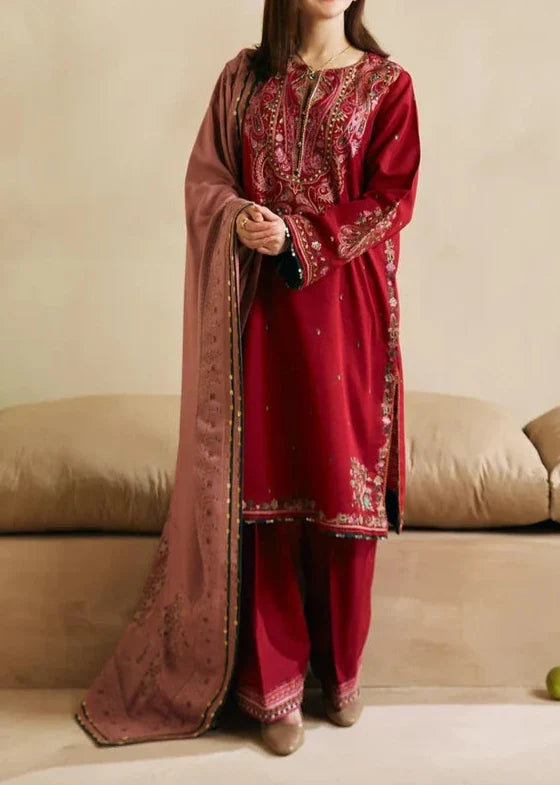 SMT W543-Embroidered 3pc marina dress with Printed shawl.