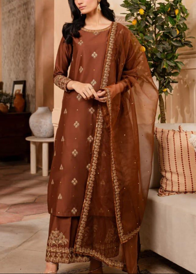 SMT S864-Embroidered 3pc Lawn Dress with Embroidered Munar Dupatta.