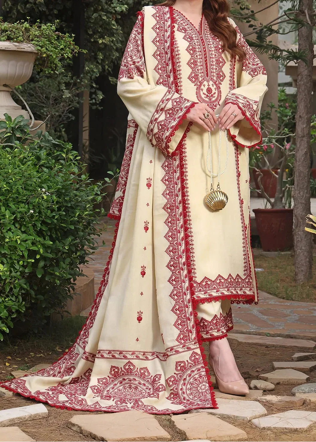 SMT Z-(W773 ) - Stitched Embroidered 3pc Marina Dress With Embroidered Marina Shawl.