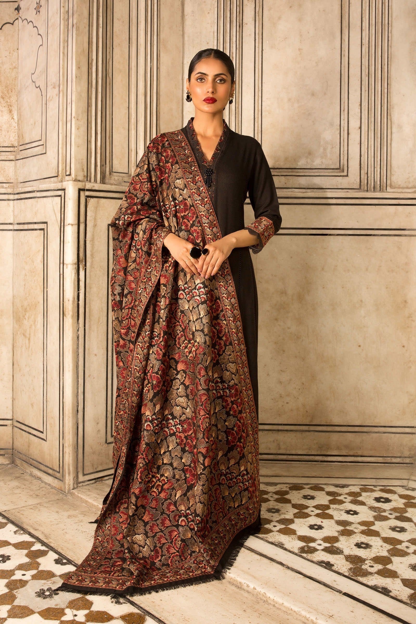SMT premium D48- Embroidered Karandi black Shawl.