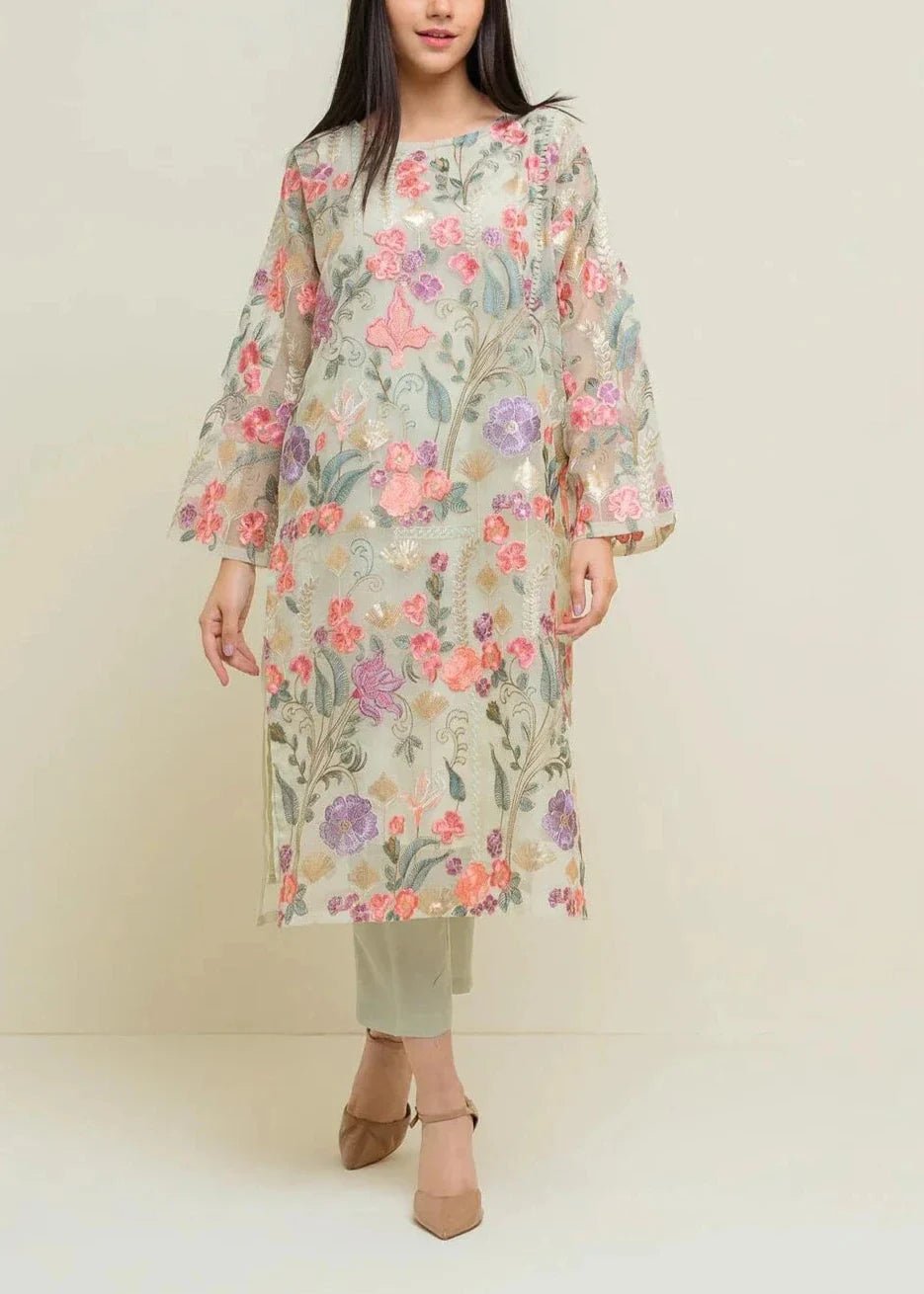 SMT W474-Embroidered 3pc organza dress with Embroidered organza duppata.
