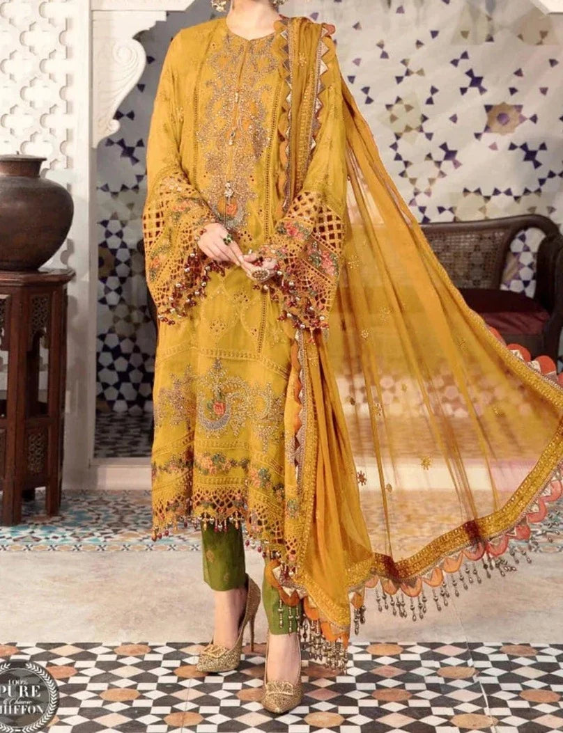 SMT W325- Embroidered 3pc Linen dress with Embroidered Chiffon dupatta.
