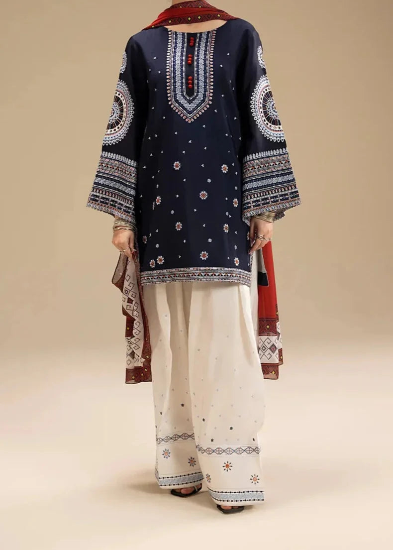 SMT W694-Embroidered 3pc Linen Dress With Printed Shawl
