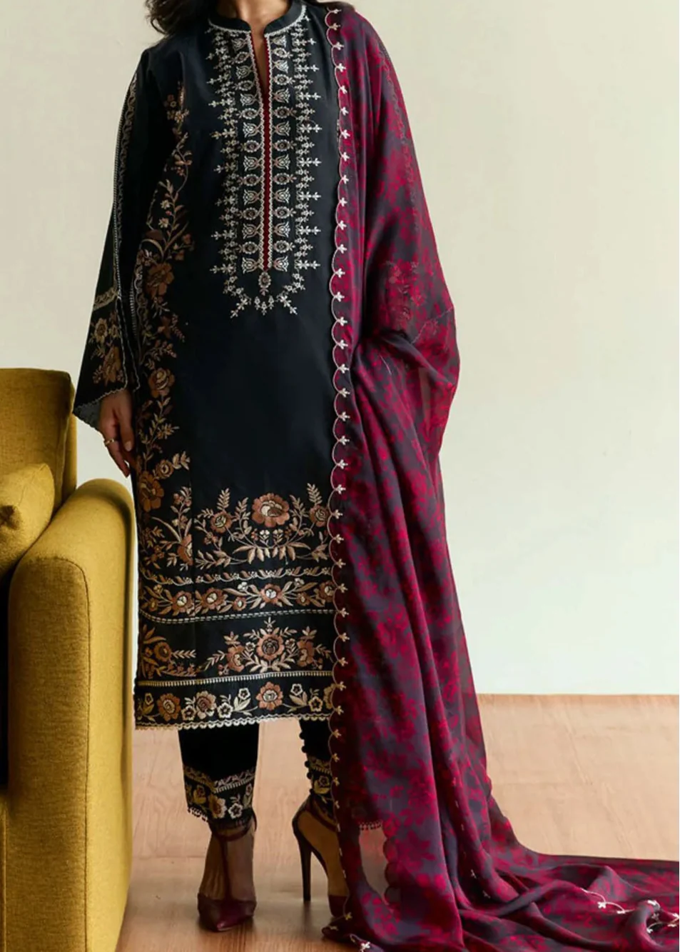 SMT W738-Embroidered 3pc Marina Dress With Printed Shawl.