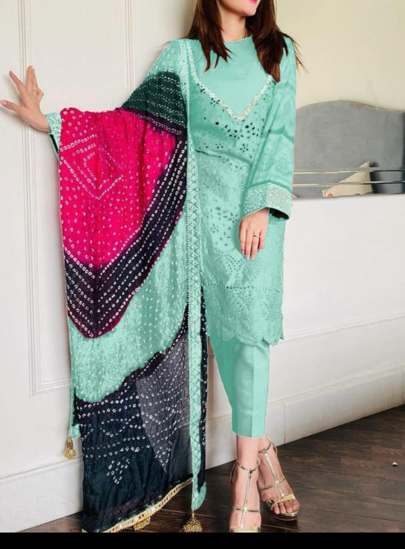 SMT S662-Embroidered 3PC Chickan Lawn with Printed munar dupatta.