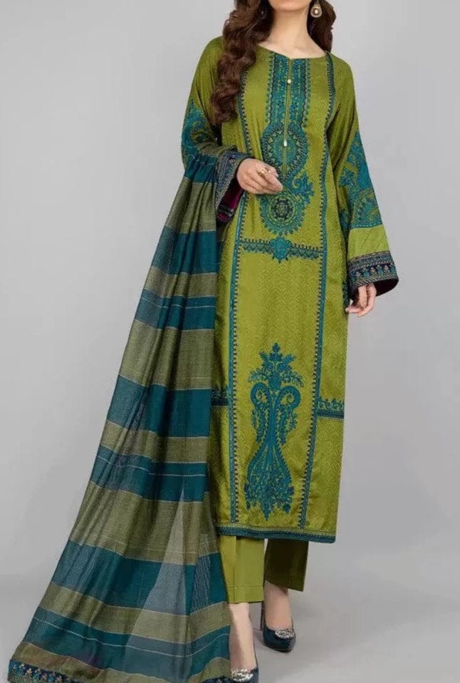 SMT S216 - Embroidered 3pc linen dress with embroidered chiffon dupatta.