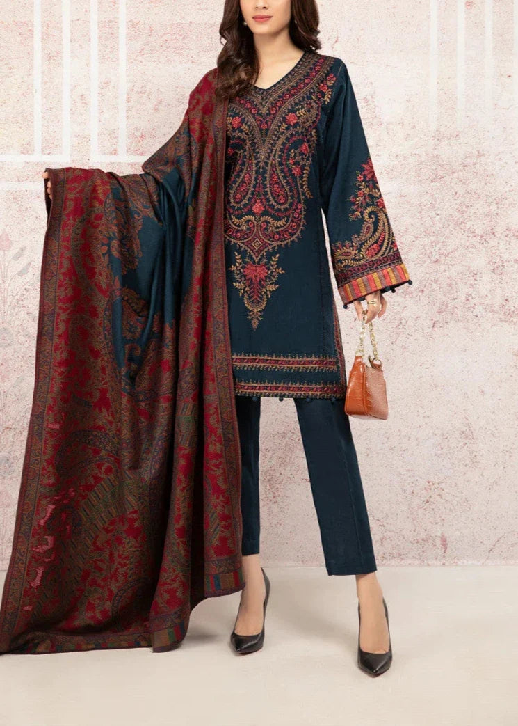 SMT W559-Embroidered 3pc marina dress with Printed shawl.