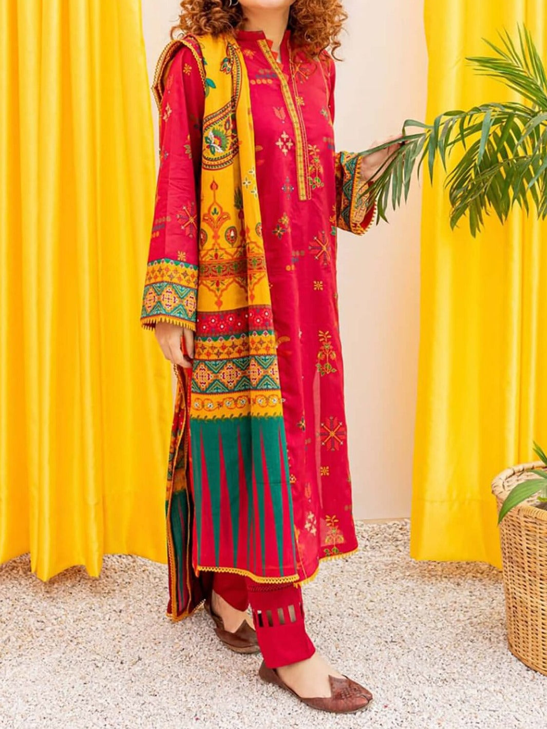 SMT W171 -Embroidered 3pc marina dress with digital printed marina shawl
