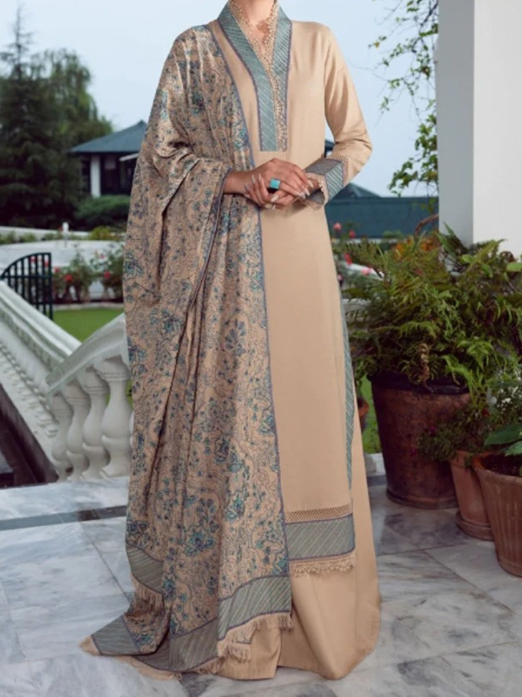 SMT W164 -Embroidered 3pc marina dress with Embroidered marina shawl.