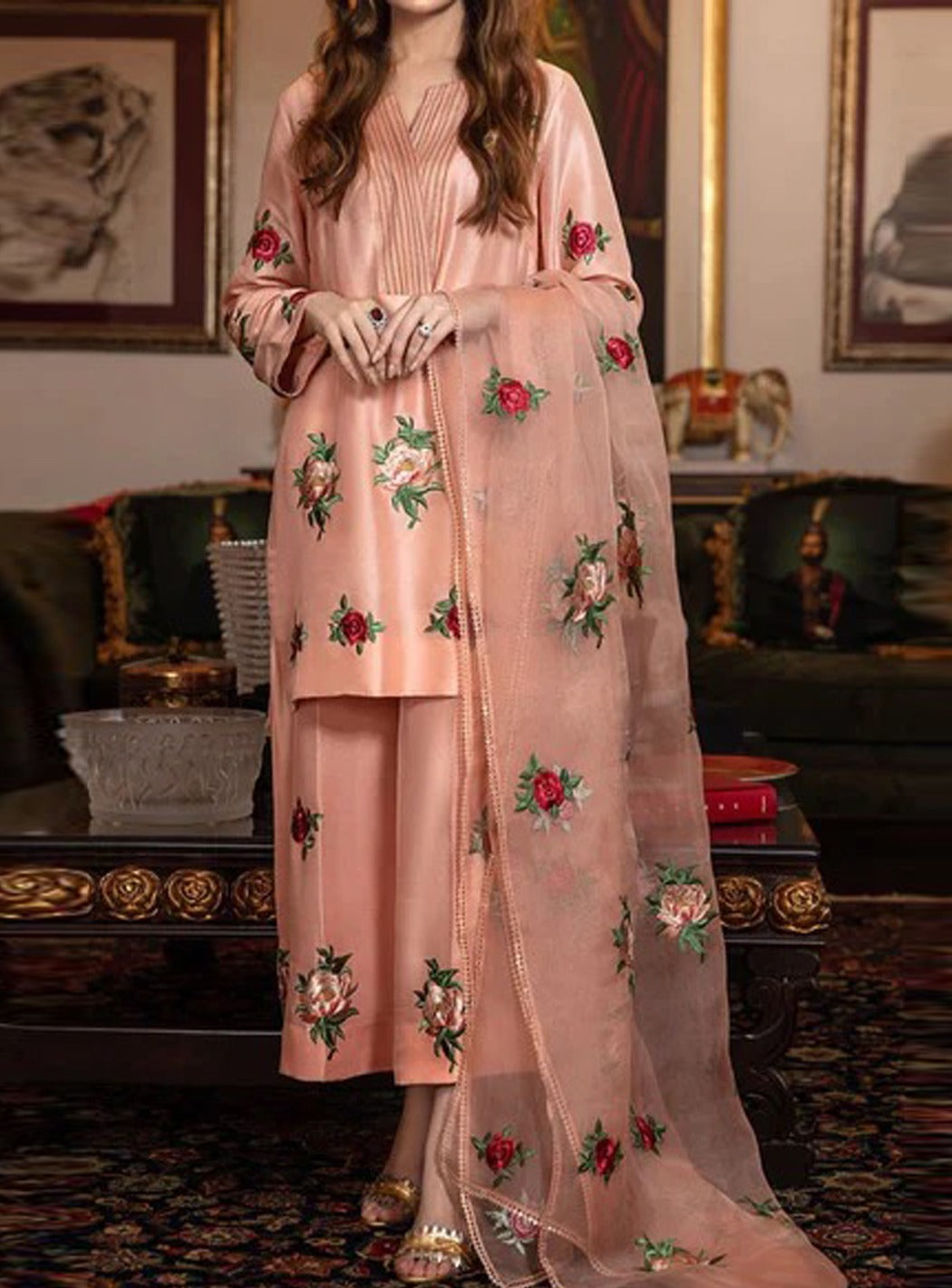 SMT S471-  Embroidered 3pc kataan silk dress with embroidered organza dupatta.