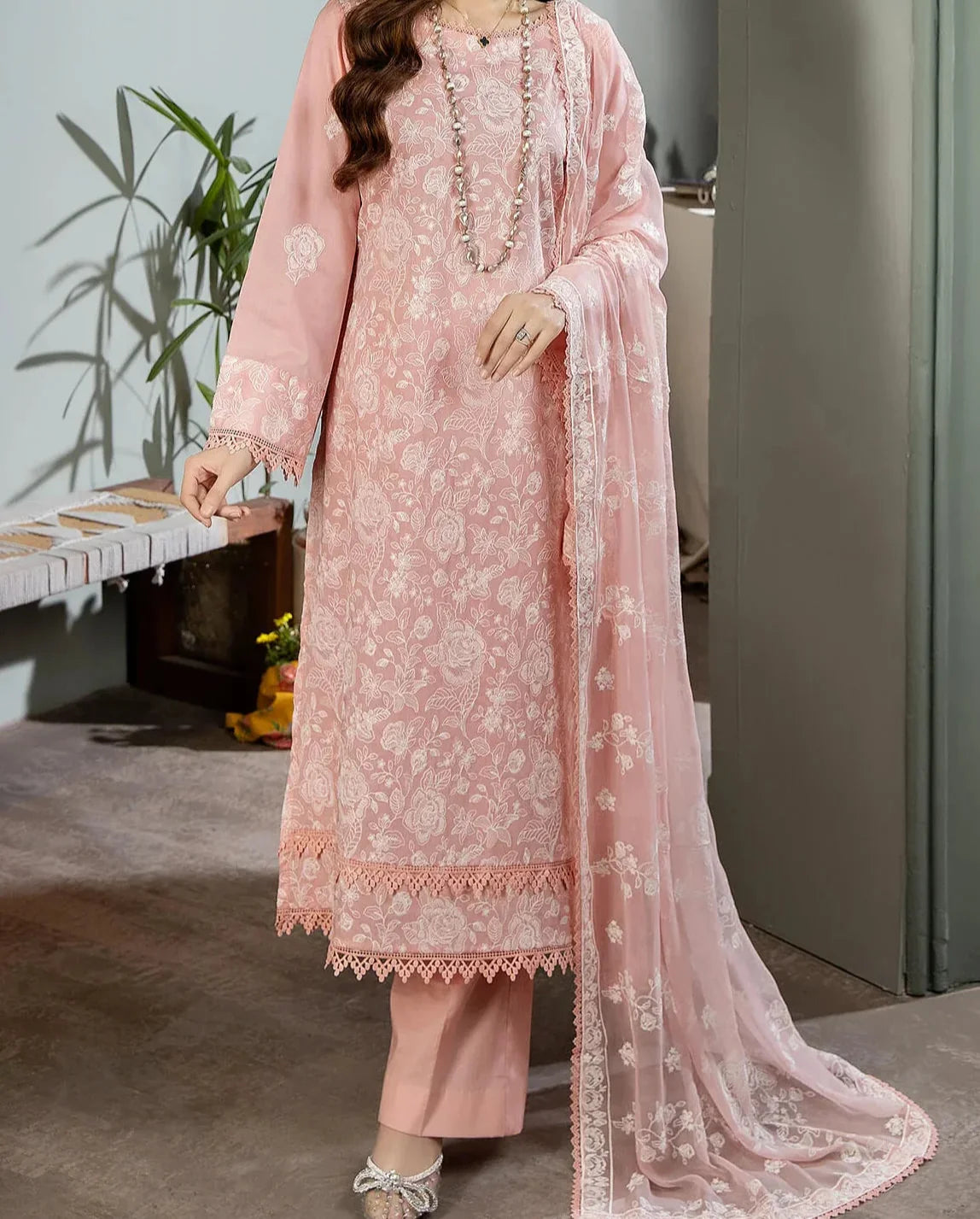 SMT Z(S729)- Stitched Embroidered 3pc Lawn dress with Embroidered chiffon dupatta.