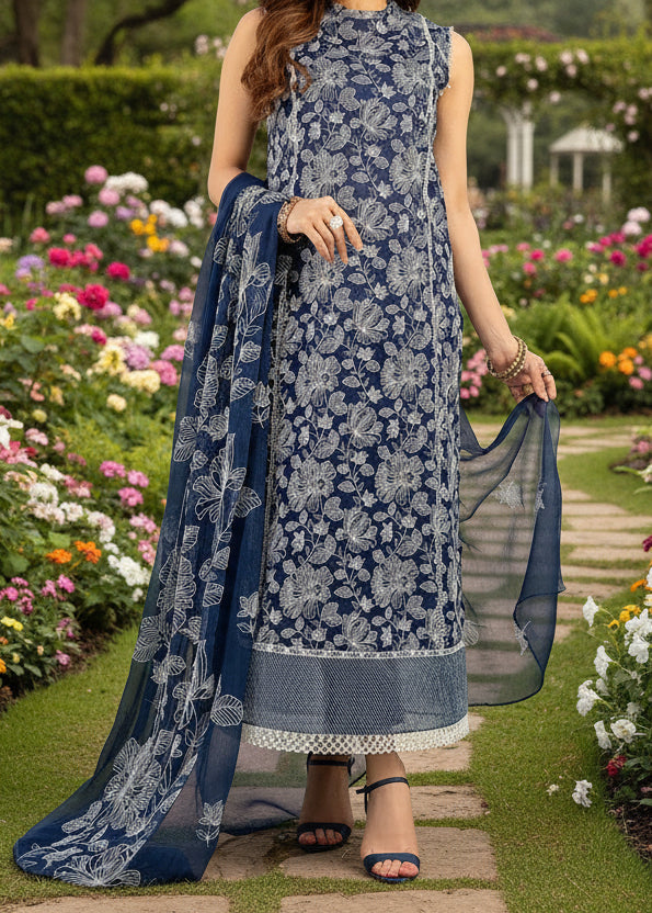 SMT A7-Embroided 3pc linen dress with embroidered chiffon dupatta.