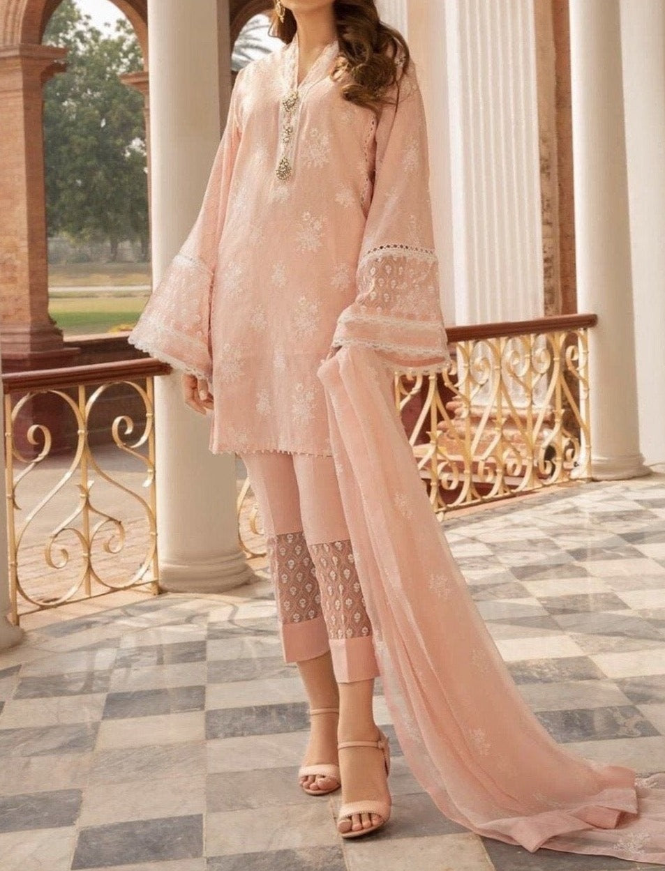 SMT S599 -Embroidered 3pc lawn dress with embroidered chiffon dupatta.