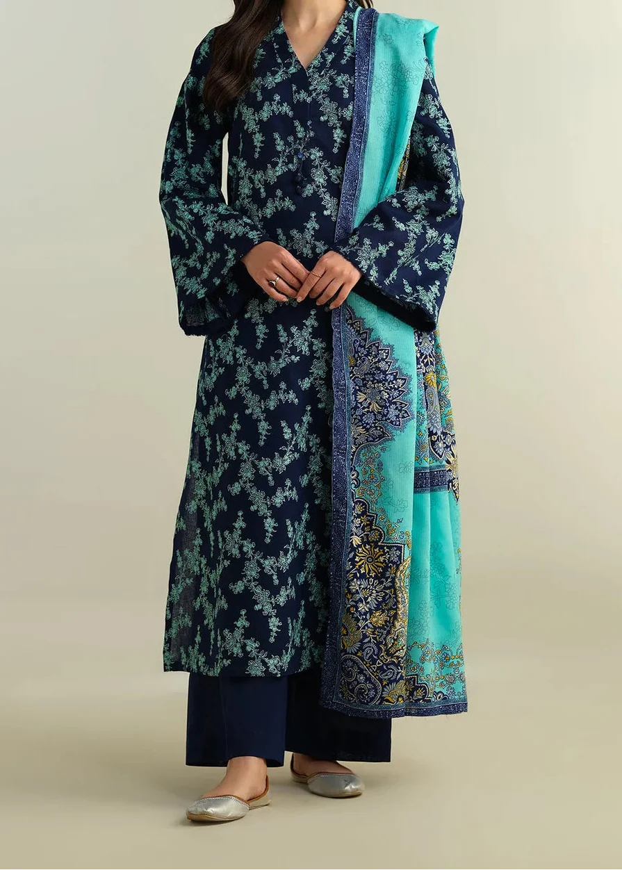 SMT W862-Embroidered 3pc Marina Dress With Printed Shawl.