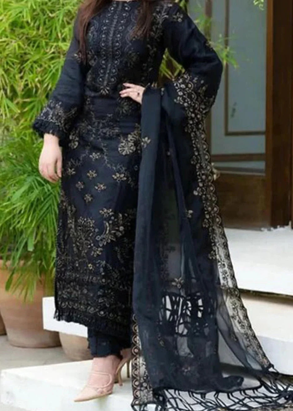 SMT W737-Embroidered 3pc Marina Dress With Printed Munar Dupatta.