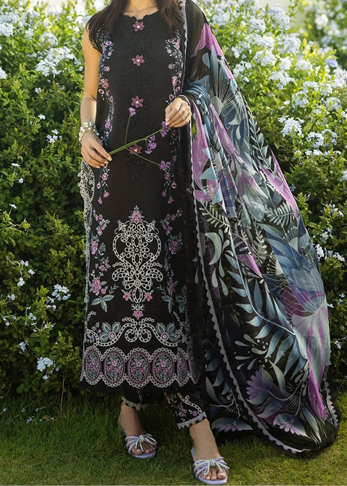 SMT W855-Embroidered 3pc Marina Dress With Printed Shawl.