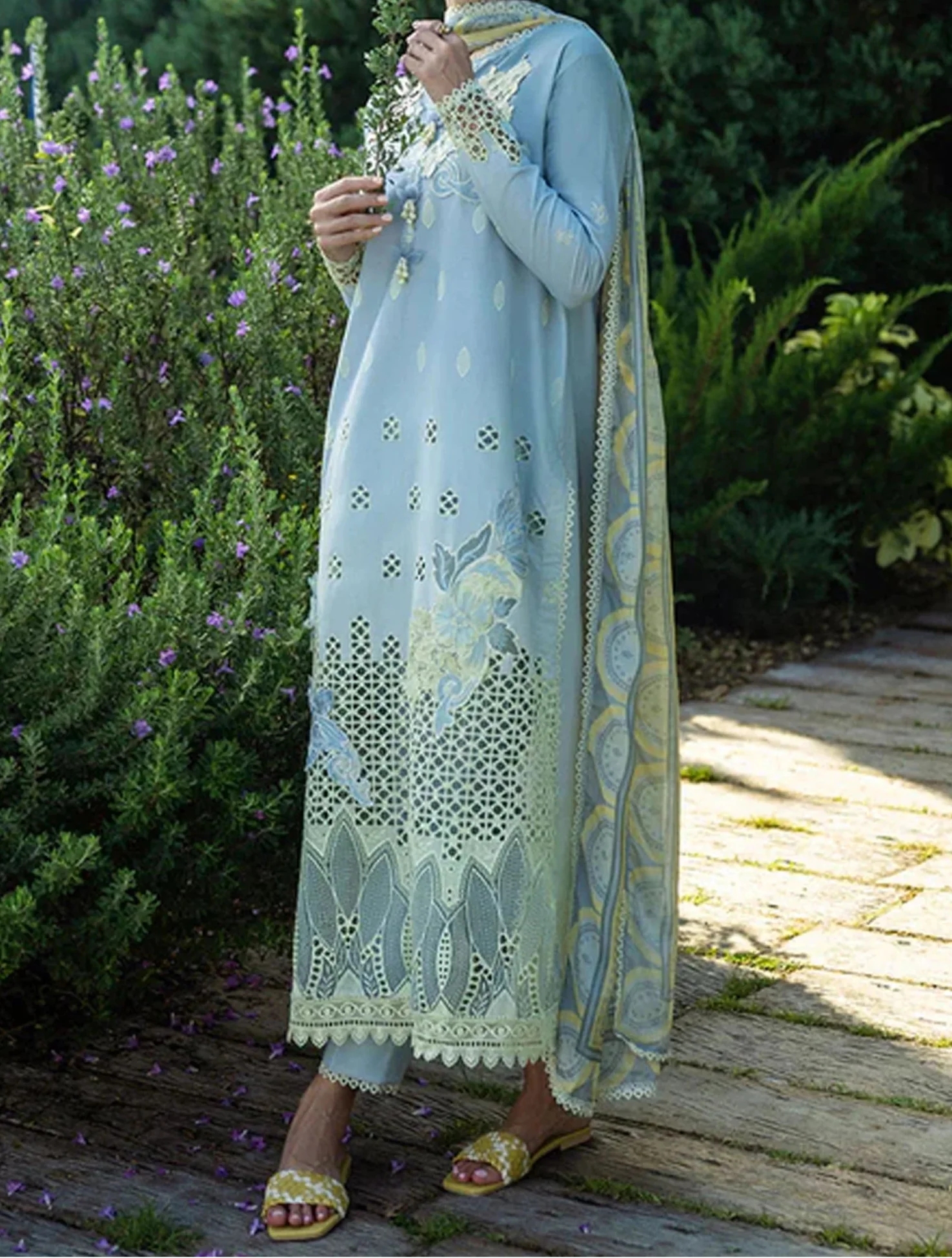 SMT S1241-Embroidered 3pc Cutwork Lawn Dress With Printed Munar Dupatta.